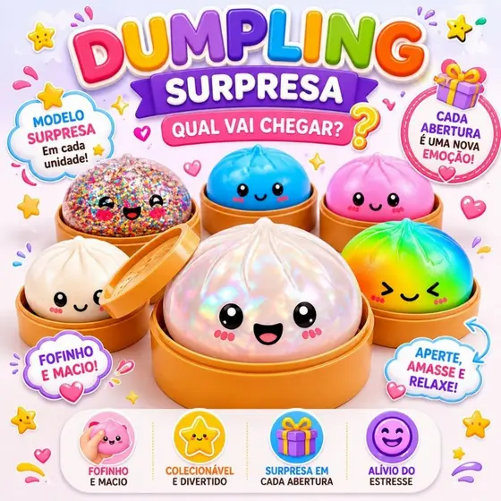 Squishy Dumpling Especial com Cestinha Glitter Bolinhas Estrelas Unicórnio Antiestresse