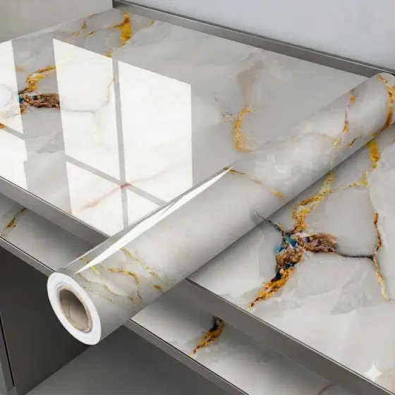 Papel de Parede Mármore Dourado Branco Autocolante Vinílico Lavável para Quarto Sala Cozinha e Banheiro