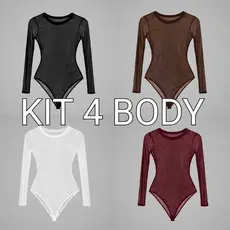 Body Feminino Bore em Tule Gola Normal Simples com Manga Longa Casual Diário Elegante