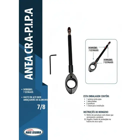 Antena Corta Pipa Moto Inox Retrátil - Proteção 7 Estágios (Universal)   Motoboy Aço Inox Reforçada