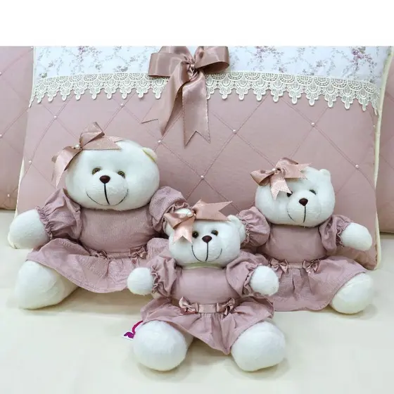 Kit Trio de Ursinhas de Pelúcia Para Nicho Laço Decoração Quarto de Bebê