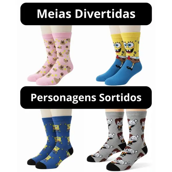 Meia Divertida de Personagem Cano Alto Unissex Estampas Divertidas Algodão Confortável Envio Imediato Geek/ Nerd/ Gamer