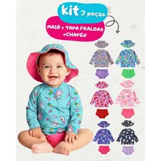 Kit 3 peças Blusa Proteção Solar UV50+ Tapa Fralda Chapéu Bebê Infantil Moda Praia Meninas - Biquíni Infantil