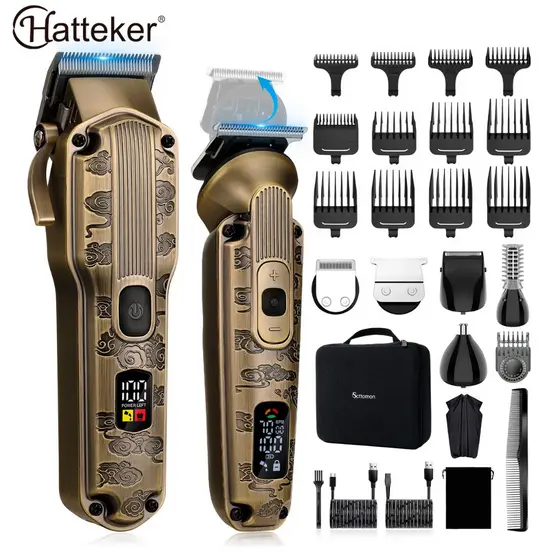 Kit Máquina de Cortar Cabelo 2 EM 1 Corte + Acabamento Hatteker Original 2000mAh Visor LCD- Bivolt