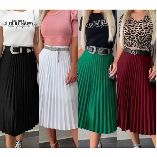 Saia Plissada Midi Feminina Forro Lisa