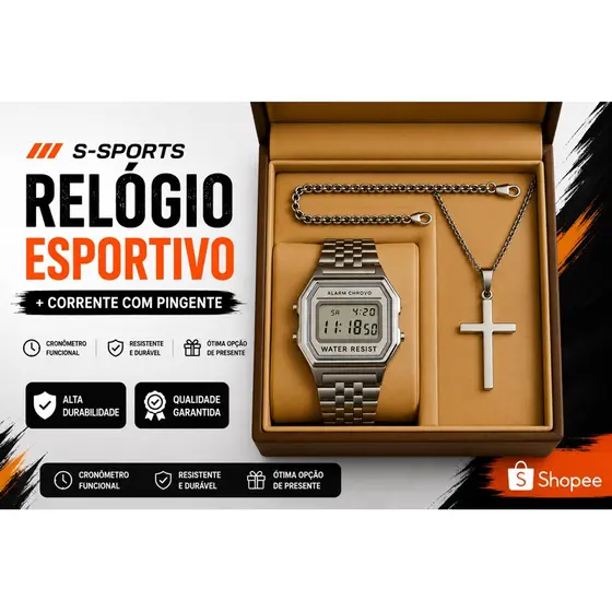 Kit Relógio Retrô + Corrente + Crucifixo Masculino Aço Inox + Pulseira – Oferta Imperdível