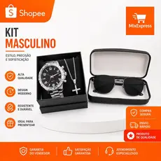 Kit Masculino Luxo Relógio + Óculos de Sol + Corrente com Pingente Cruz | Presente Masculino Completo