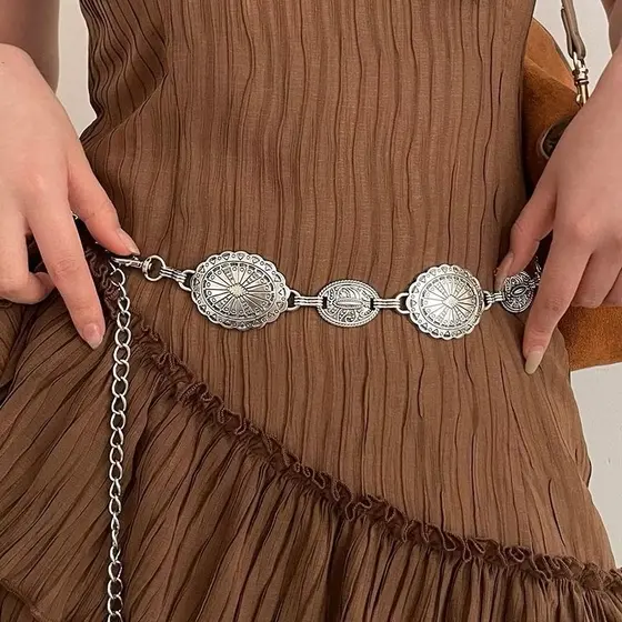 Corrente De Cintura De Metal Retrô – Cinto Boêmio Ajustável Para Vestido - Corrente De Metal Fivela