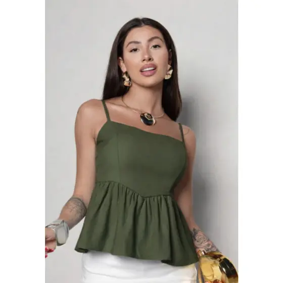 Blusa Blusinha BIANCA Cropped Elástico com Babado Soltinha Moda Gringa Tendência Verãoi
