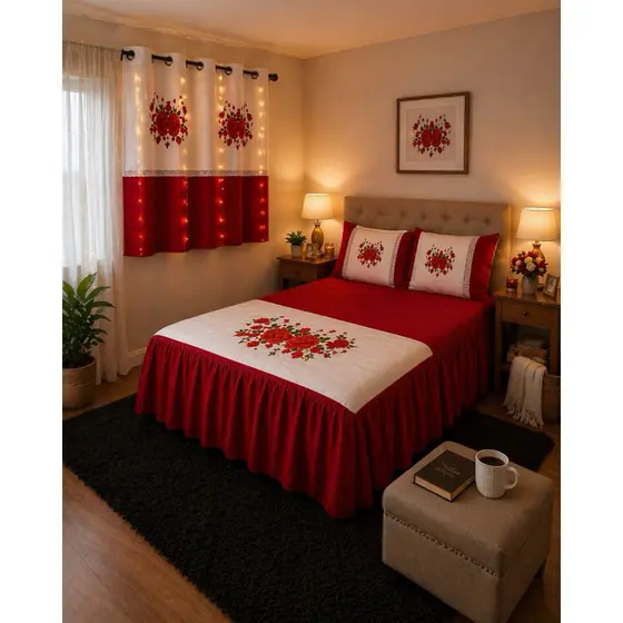 KIT DE QUARTO CASAL FLORAL 5 PEÇAS, COLCHA COM BABADO MEDIND 2.45 x 2.50M e DUAS CORTINA PARA JANELA