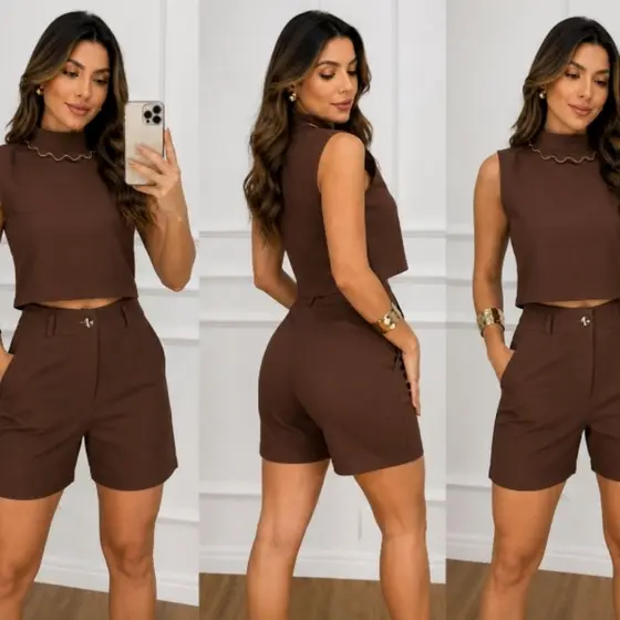 Conjunto Feminino Alfaiataria Sensorial blusa+short  Elegante Casual