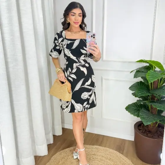 Vestido Curto Feminino  Fresco Manga Flare Forrado Elastex Costas  Bojo Tecido Duna Veste M ao XG