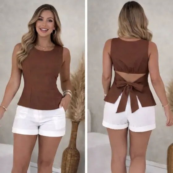Blusa Feminina Alfaiataria Peplum Elegante Regata Acinturada com Laço Costas Casual Tendência