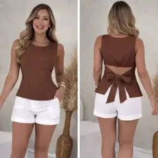 Blusa Feminina Alfaiataria Peplum Elegante Regata Acinturada com Laço Costas Casual Tendência