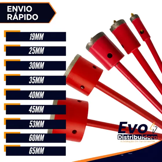 Broca Serra Copo Diamantada Para Concreto 19mm 25mm 30mm 35mm 40mm 45mm 53mm 60mm 65mm Profissional