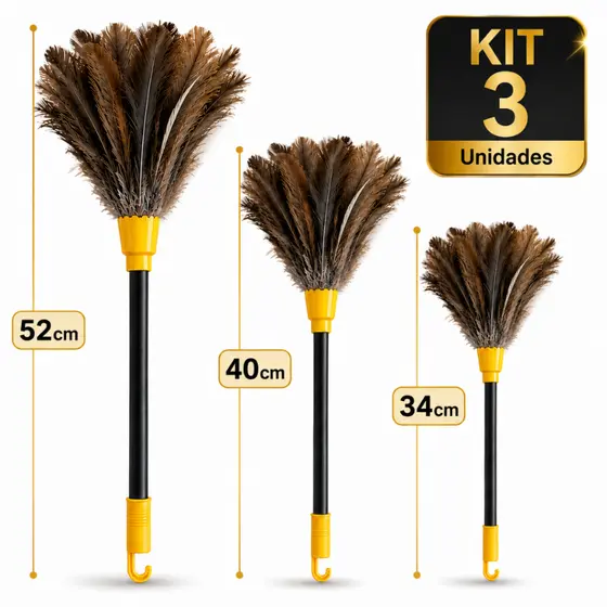 Kit 3 Espanadores Pena Peru para Móveis Pó Poeira Limpeza Suave Eficaz Multiuso
