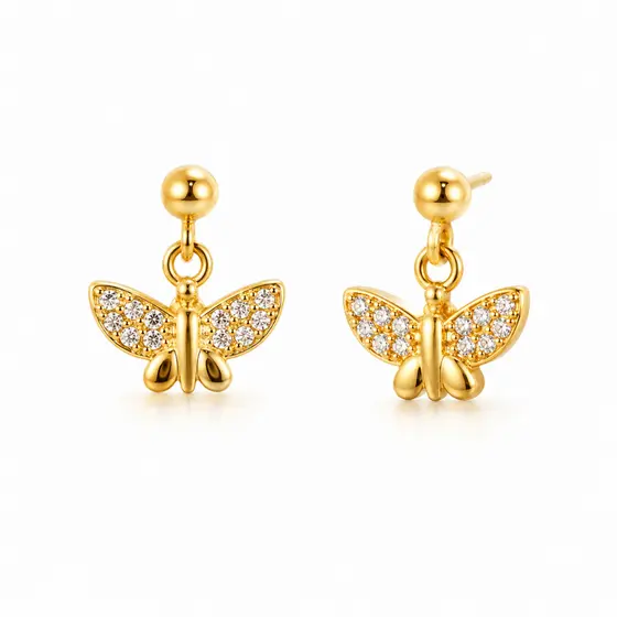 Brinco infantil  borboleta micro zircônia folhado a ouro 18k com tarraxa baby