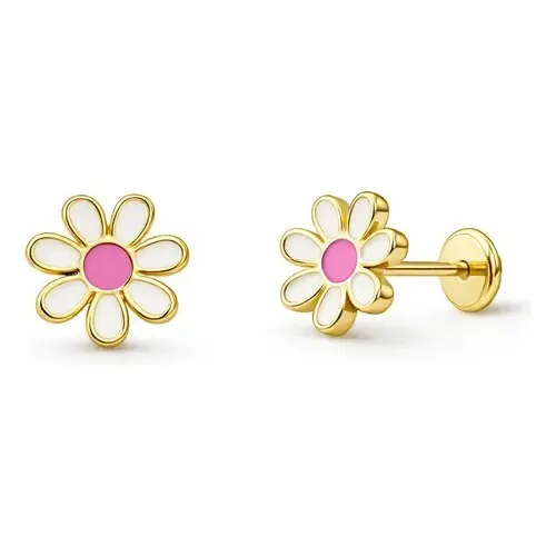 Brinco Infantil Margarida Folheado A Ouro Hipoalergênico Branco E Rosa