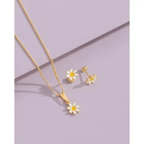 Conjunto Feminino Infantil Colar E Brincos Flor Ouro 18k Branco