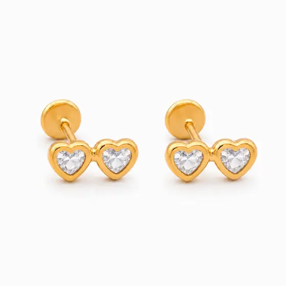 Brinco  infantil coração duplo folhado  ouro 18 k com zircônia tarraxa baby