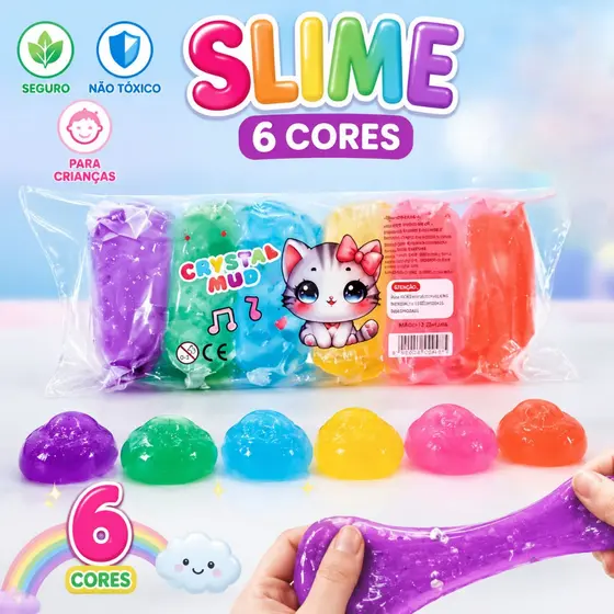 6 Cores Slime Cristal Macio Elástico Não Gruda Seguro Atóxico Criativo Diversão Garantida 6603
