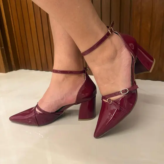 Slingback Scarpin de fivelinha Sapato Feminino De Bico Fino, Salto Grosso