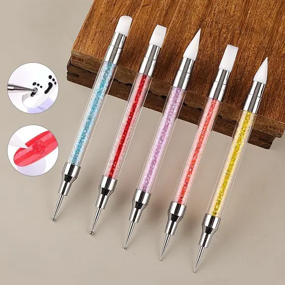 Kit 5 Pincéis Silicone e Boleadores 2 em 1 Ponta Dupla para Decoração Unhas 3D Profissional Nail Art