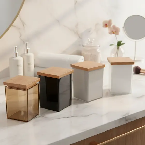 Caixa Organizadora Porta Cotonete Vidro Tampa de Madeira Decoraçao Banheiro Premium