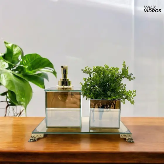 Kit Banheiro Lavabo Bandeja Decorativa Saboneteira Liquida Cachepot Vidro Reflecta Brinde Planta