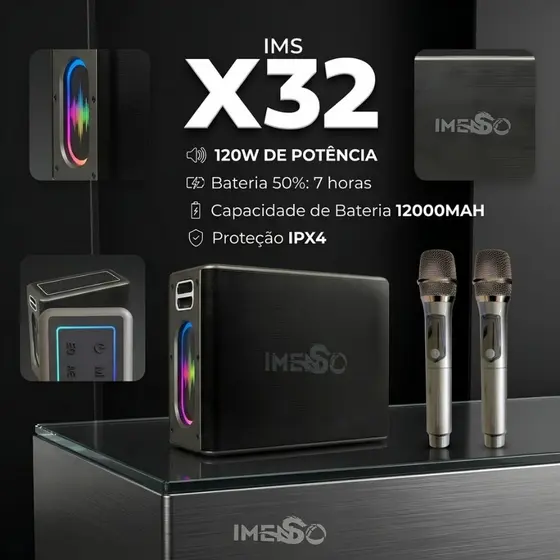 Caixa De Som Imenso IMS-X32 120w Com Luzes RGB Alça e 2 Microfones Sem Fio Recarregável Bivolt Som Potente Para Karaoke