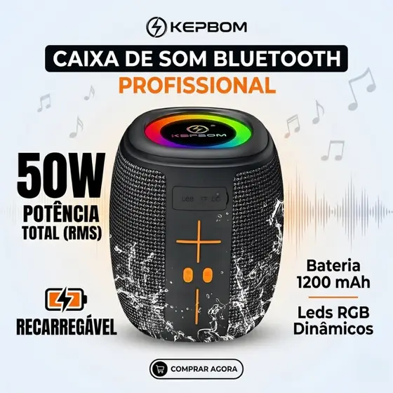 Caixa de Som Portátil a Prova de Água IPX4 Recarregável Bluetooth KA-8596 50W TWS LED USB SD FM com Graves Potentes