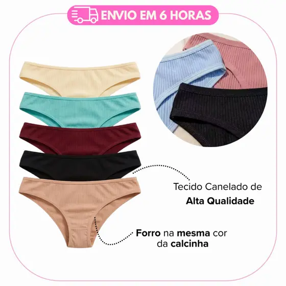 Kit Calcinhas Conforto de Algodão CANELADA -101 C Feminina Conforto para o Dia a Dia