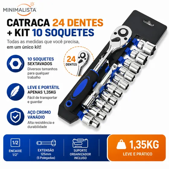 Chave Catraca 1/2 com Jogo de Soquetes Sextavados 12 Peças e Extensão - Profissional