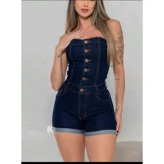 Macaquinho Jeans Feminina Tomara Que Caia De Bortao Lisa Casual