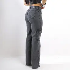 Calça Feminina Wide Leg Com Lycra Cargo Jeans Cintura Alta Com Elastano Tendencia