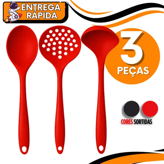 Jogo 03 Unidades - Concha  Colher  Escumadeira de Silicone Resistente ao Calor Utensílios de Cozinha