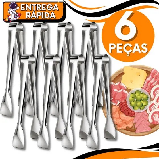 KIT 6 Pegador de Frios Carne Massa Salada Doce Gelo Petisco Pinça Aço Inox Multiuso Cozinha Restaurante Confeitaria