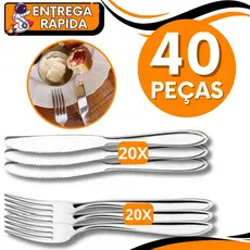 KIT JOGO 40 Talheres Mesa 20 Garfos 20 Facas Alimentos Carne Churrasco Arroz Legumes Refeição  Faqueiro Aço Inox Premiu