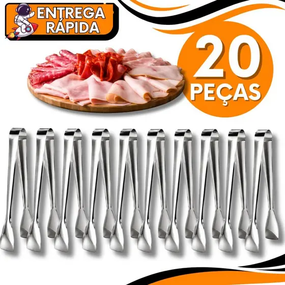 KIT JOGO 20 Pegador de Frios Carne Massa Salada Doce Gelo Petisco Pinça Aço Inox Multiuso Cozinha Restaurante Confeitari