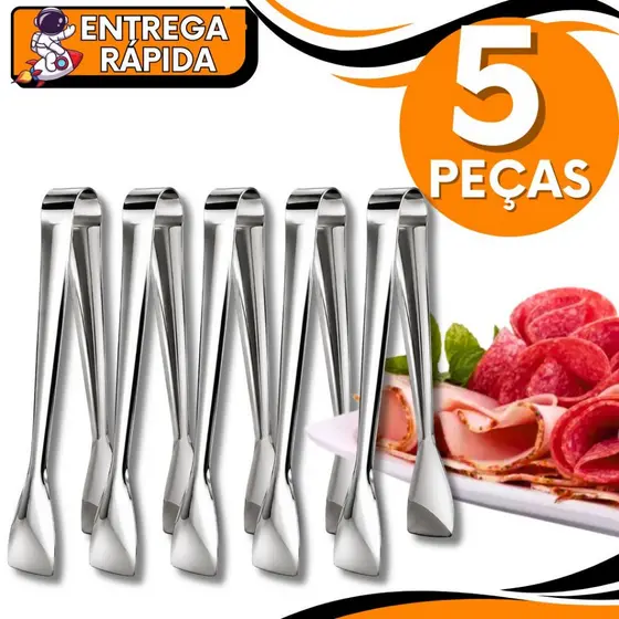 KIT 5 Pegador de Frios Massa Salada Doce Gelo Petisco Pinça Aço Inox Multiuso Cozinha Restaurante Confeitaria