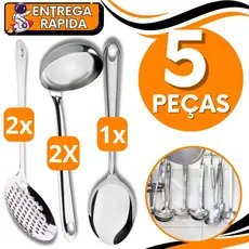 KIT 5 Concha Escumadeira Colher de Servir Fritura Caldos Feijão Arroz Resistente Aço Inox Escoa Coa Serve Pega Caldo