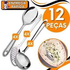 KIT JOGO 12 Colher Servir Concha Escumadeira Fritura Caldos Feijão Arroz Resistente Aço Inox Escoa Coa Serve Pega Caldo