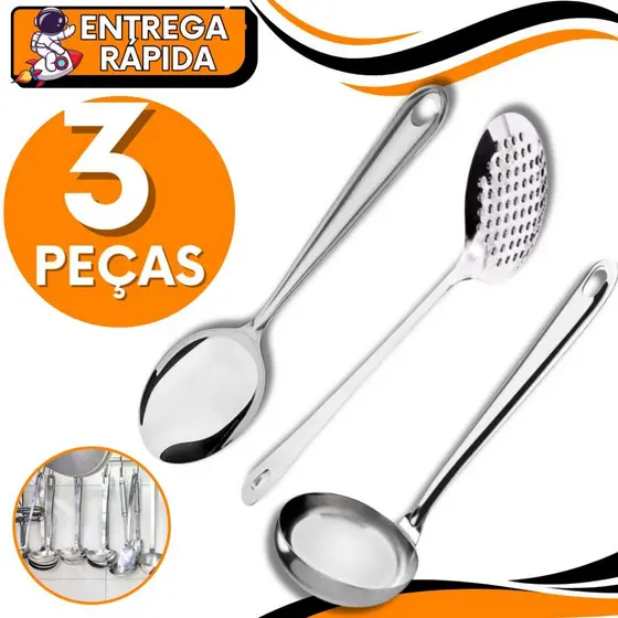 Concha + Colher Servir +Escumadeira Caldos Feijão Arroz Fritura Resistente Aço Inox Escoa Coa Servir