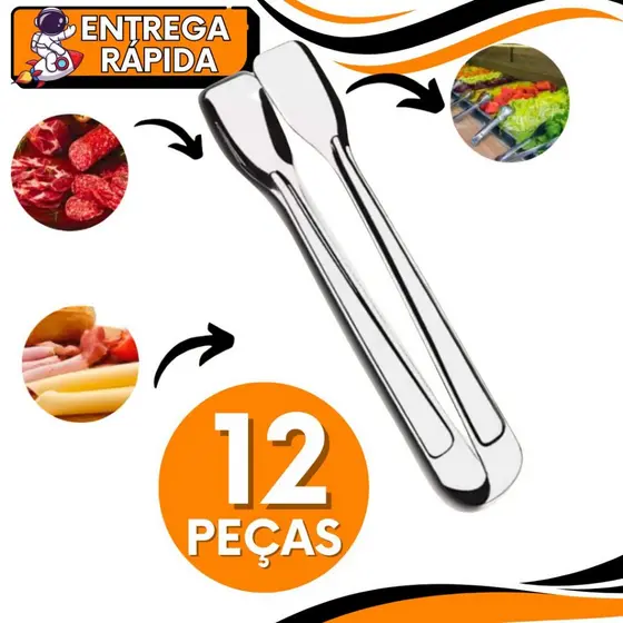 KIT Com 3/12 Pegador Frios Carne Massa Salada Doce Gelo Petisco Pinça Aço Inox Multiuso Cozinha Restaurante Confeitaria