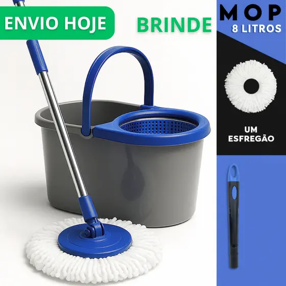 Mop limpeza Com Cabo de 110 cm + Refil - 8 Litros Cesto Em Plástico Reforçado - Balde Centrífuga