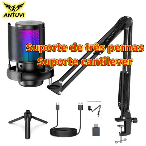 Microfone Condensador USB Cardioid Rgb Para Pc Gamer E Gravação
