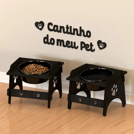 Kit 2 Comedouros Para Pet Pequeno Com Quadro Cantinho Do Meu Pet De Brinde