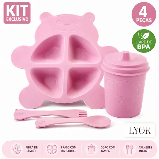 Kit Refeição Infantil 4 e 3 Peças Lyor Urso Rosa e Azul Prato Divisórias Copo Tampa Talheres BPA Free