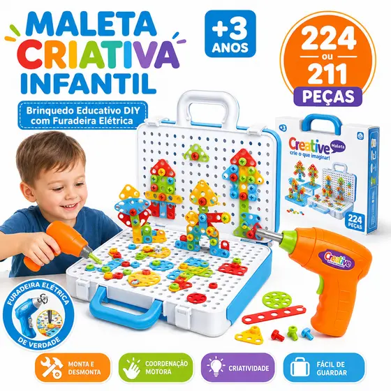 👉 Maleta Criativa Infantil 224 Peças com Furadeira Elétrica Educativa Montar Brinquedo DIY