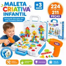 👉 Maleta Criativa Infantil 224 Peças com Furadeira Elétrica Educativa Montar Brinquedo DIY